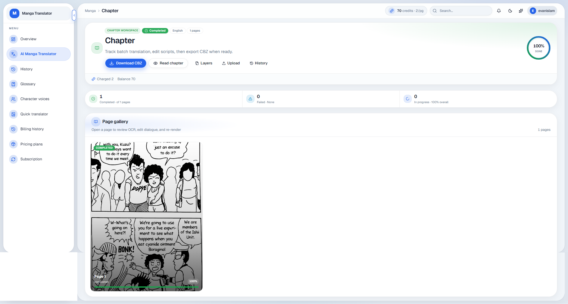 Manga chapter after translation
