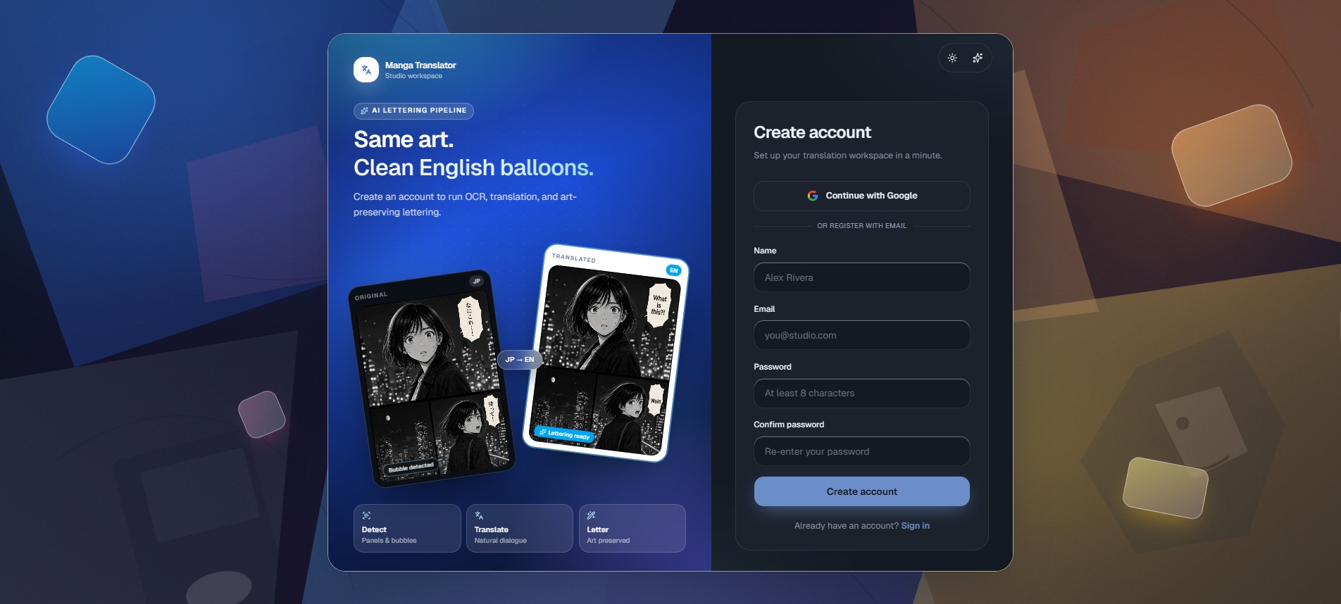 Manga Translator AI sign-up screen