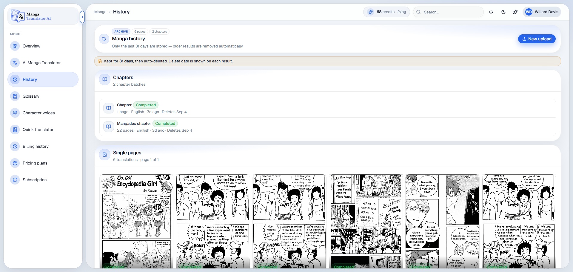 Manga translation history dashboard